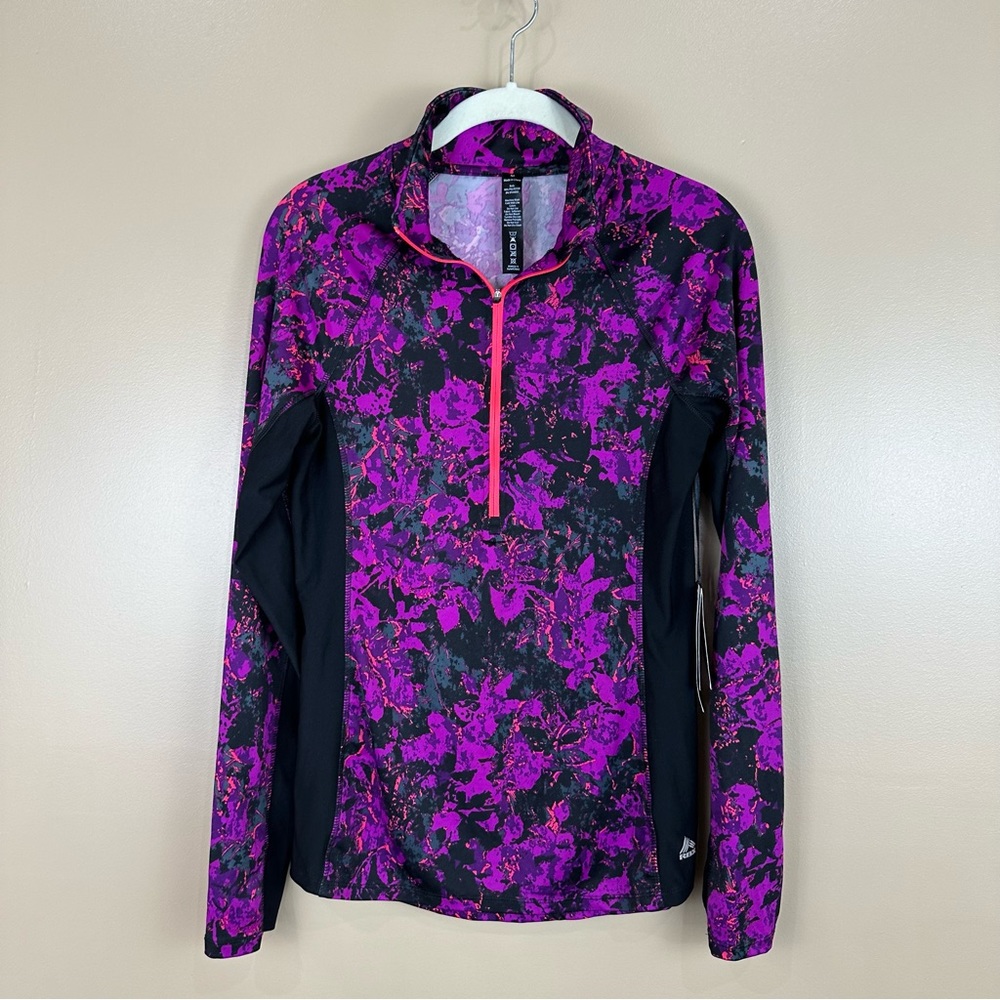 RBX Black & Purple Abstract Floral 1/2 Zip Athletic Pullover M Activewear
